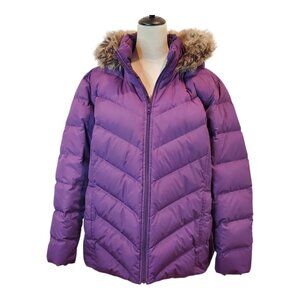 LANDS END SZ 2X Plus Size Women's Down Puffer Winter Coat Faux Fur Trim Hood